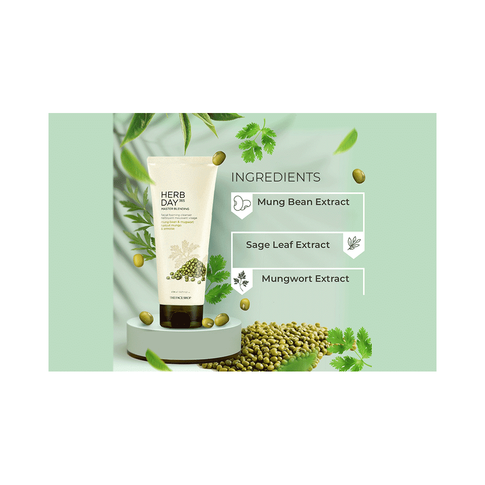The Face Shop Herb Day 365 Foaming Cleanser - Mungbean & Mugwort, Face Wash For Pore Cleansing & Blackhead Removal - Image 3