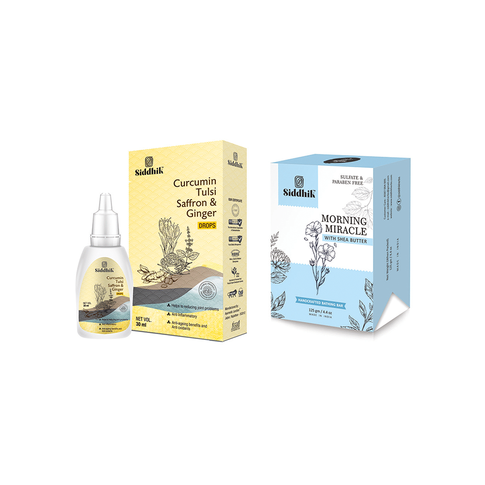 Siddhik Combo Pack of Curumin Tulsi Saffron & Ginger Drop (30ml) and Morning Miracle With Shea Butter Soap (125gm) - Image 1
