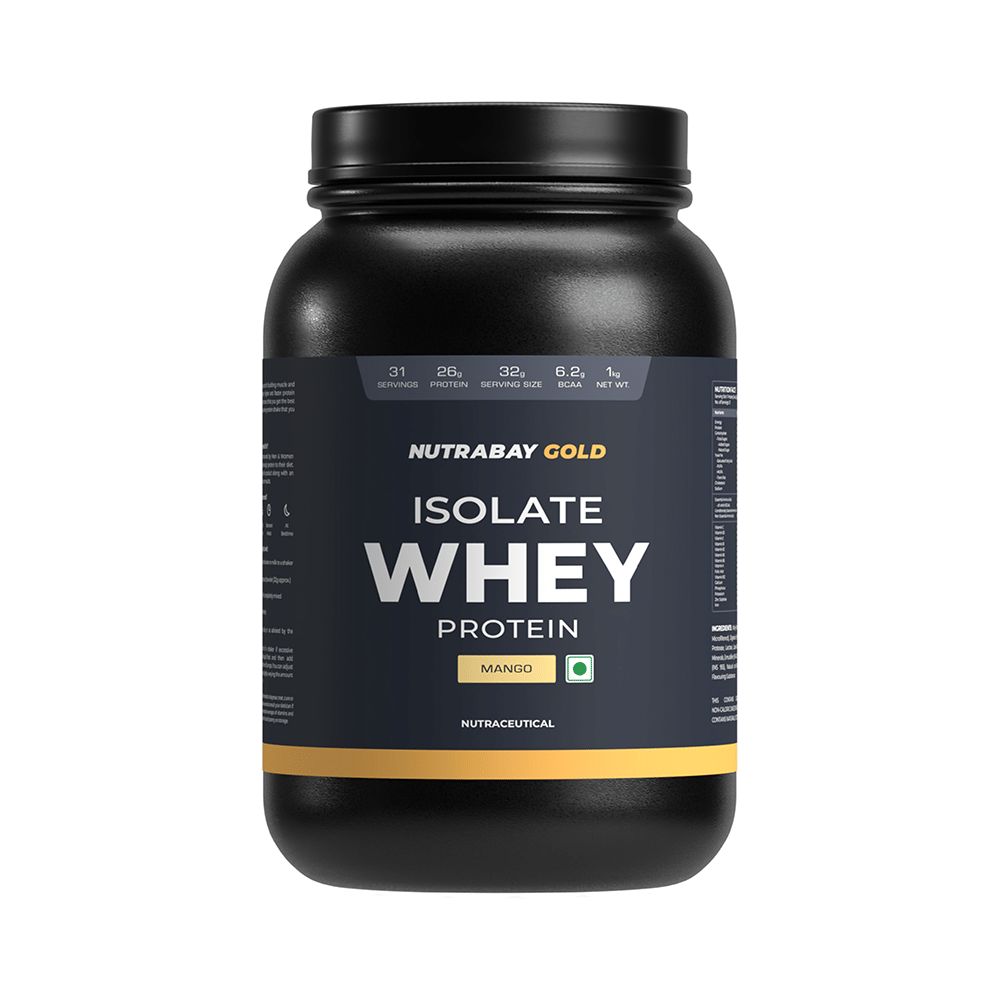 Nutrabay Gold Isolate Whey Protein for Muscles, Recovery, Digestion & Immunity | No Added Sugar  Powder Mango