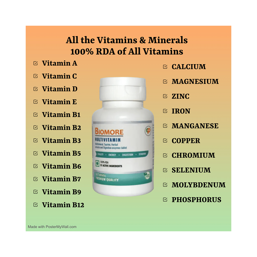 Biomore Multivitamin Multimineral, Taurine, Herbal Extracts and Digestive Enzymes Tablet - Image 2
