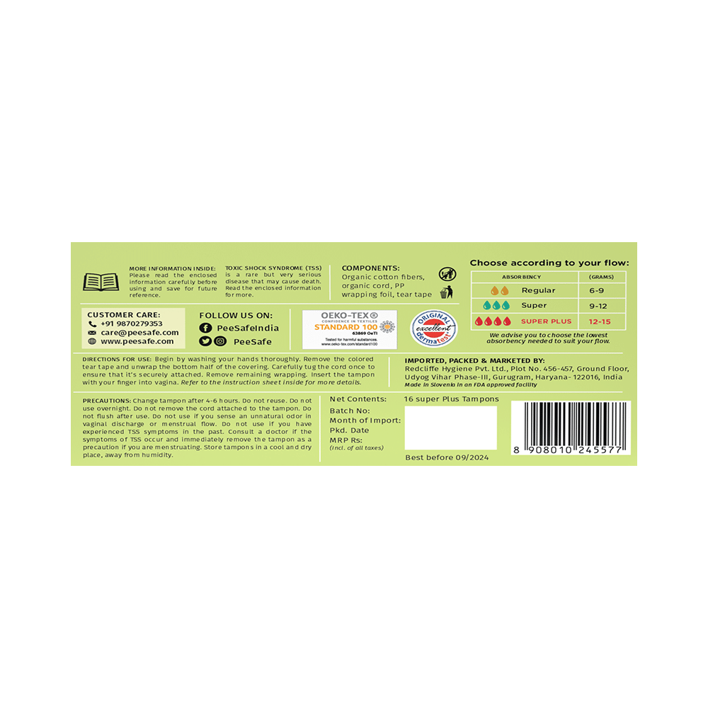 Pee Safe 100% Organic Cotton Biodegradable Tampons Super Plus - Image 2