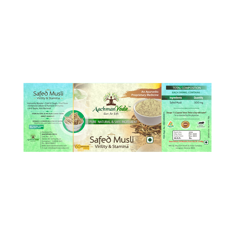 Aachman Veda Safed Musli Virility & Stamina Capsule 500mg (60 Each) - Image 5
