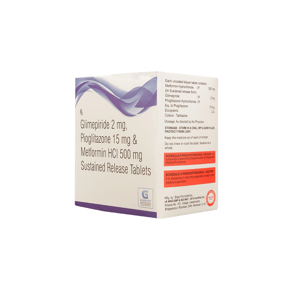 Genericart Glimepiride+Metformin+Pioglitazone  2mg/500mg/15mg Tablet SR