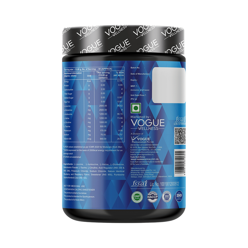 Vogue Wellness BCAA Powder (400gm Each) Blue Raspberry - Image 2