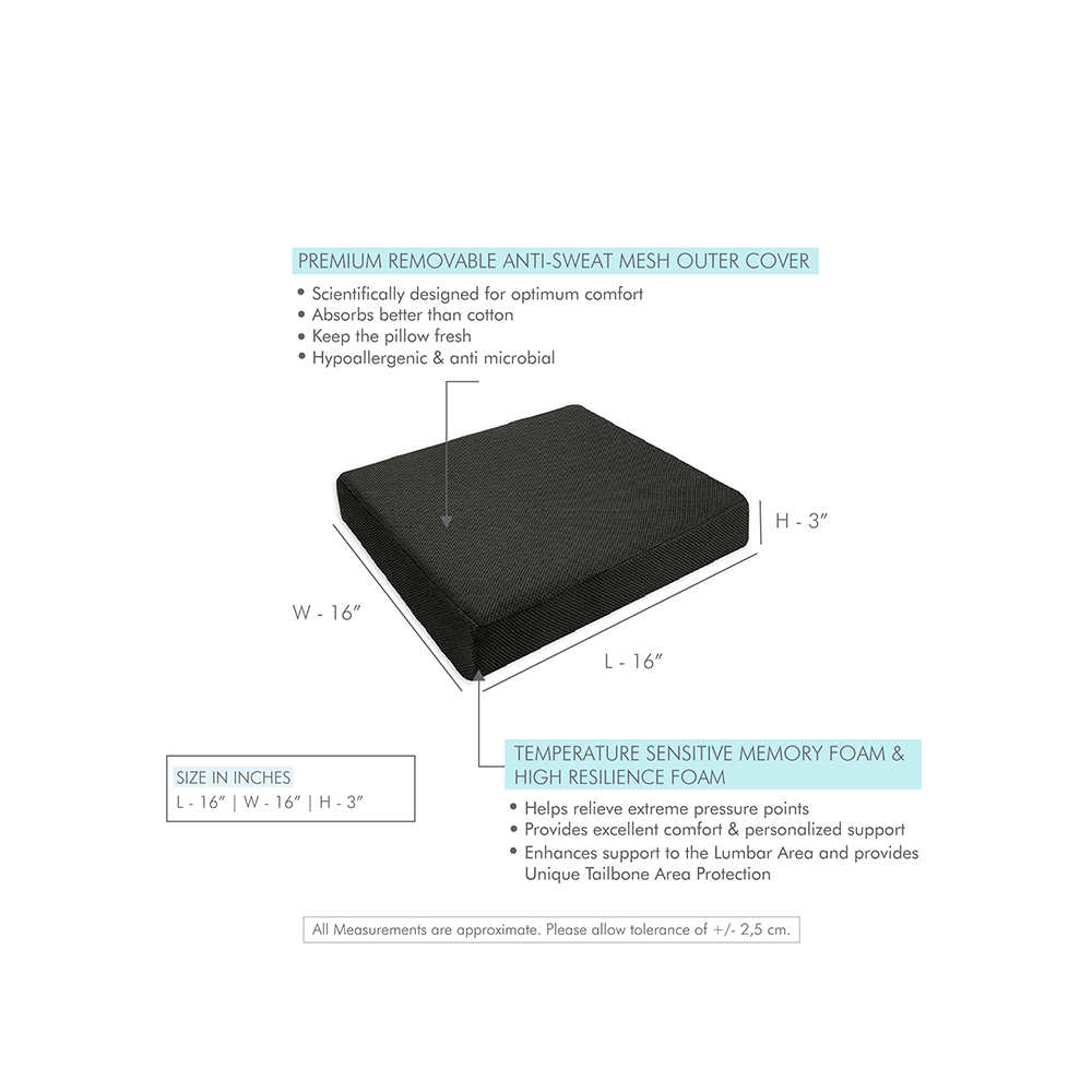 The White Willow Orthopedic Memory Foam High Resilience Indoor Chair Square Cushion Black - Image 2