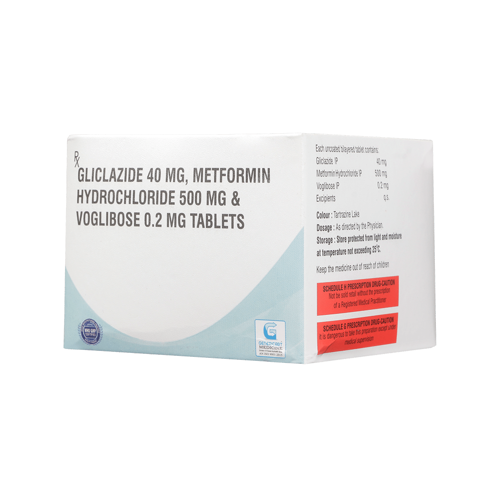 Genericart Voglibose+Metformin Hydrochloride+Gliclazide 0.2mg/500mg/40mg Tablet