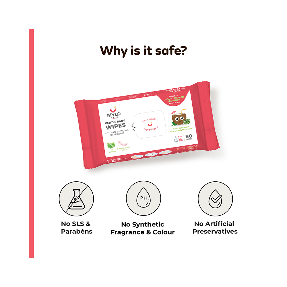 Mylo Care Gentle Baby Wipes with 98% Pure Water, Coconut Oil & Neem (80 Each) with Lid - Image 4