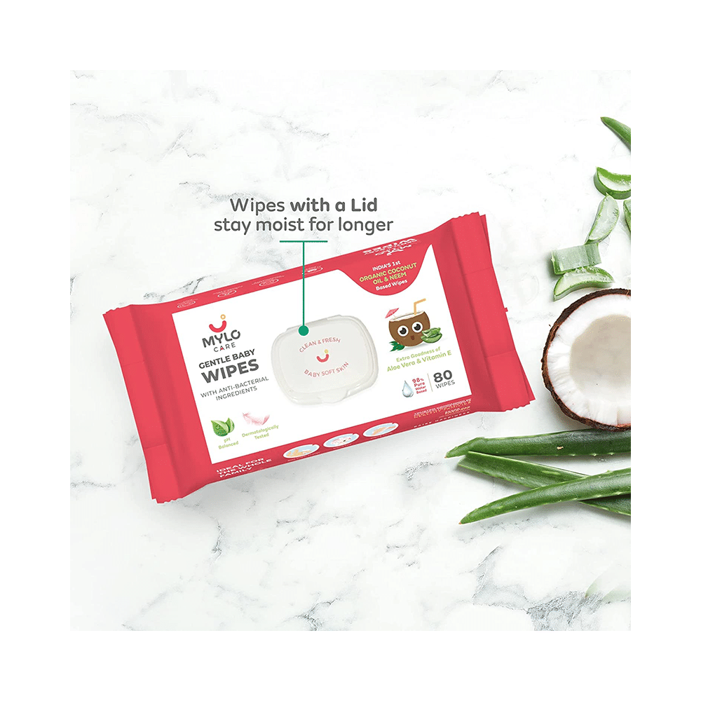 Mylo Care Gentle Baby Wipes with 98% Pure Water, Coconut Oil & Neem (80 Each) with Lid - Image 7