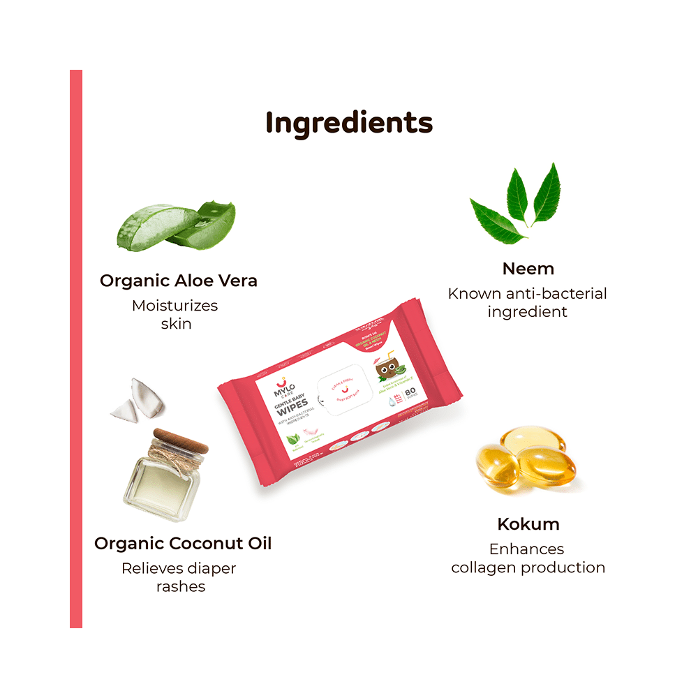 Mylo Care Gentle Baby Wipes with 98% Pure Water, Coconut Oil & Neem (80 Each) with Lid - Image 2