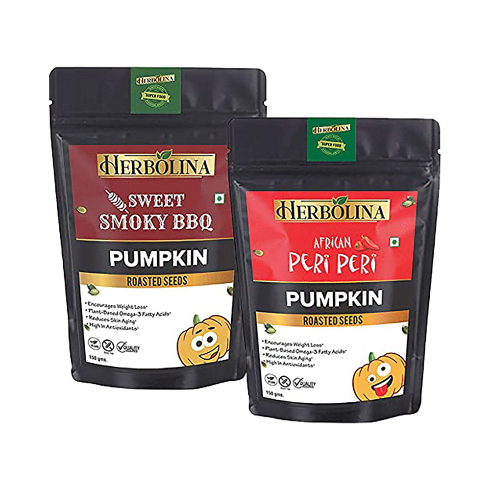 Herbolina Pumpkin Roasted Seeds (150gm Each) African Peri Peri & Sweet Smoky BBQ