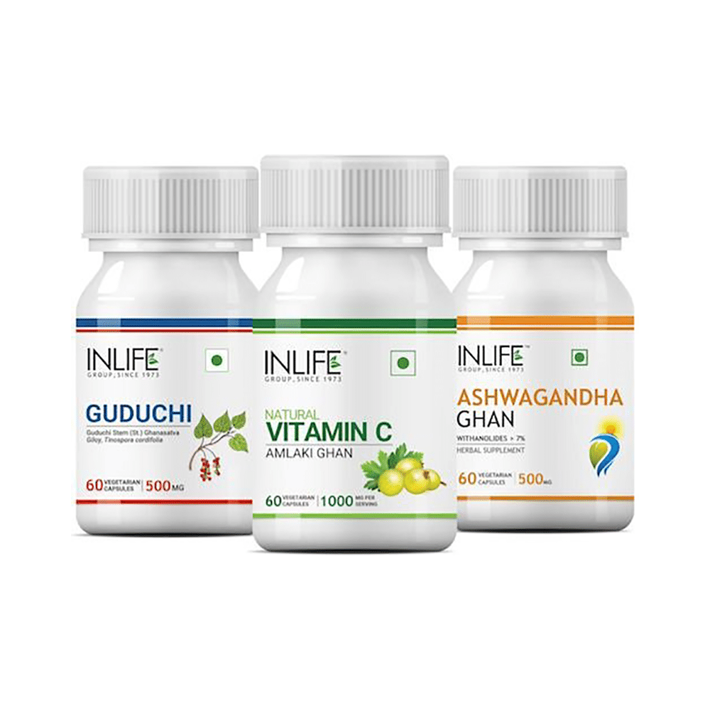 Inlife Combo Pack of Guduchi 500mg, Natural Vitamin C 1000mg & Ashwagandha Ghan 500mg Vegetarian Capsule (60 Each)