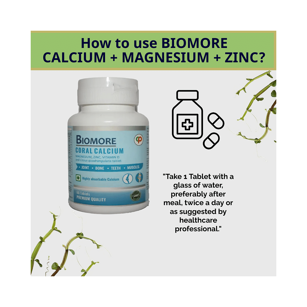 Biomore Coral Calcium Magnesium, Zinc, Vitamin D and Cissus Quadrangularis Tablet - Image 5