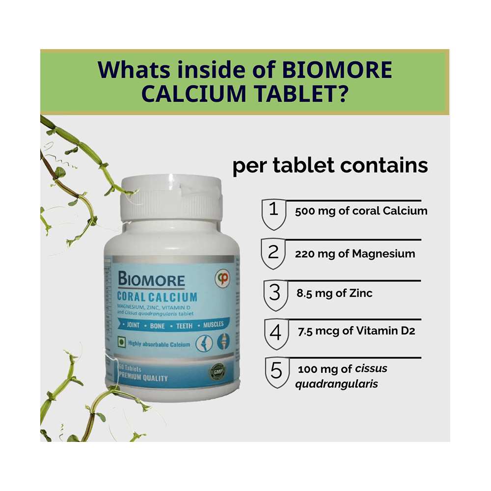 Biomore Coral Calcium Magnesium, Zinc, Vitamin D and Cissus Quadrangularis Tablet - Image 4