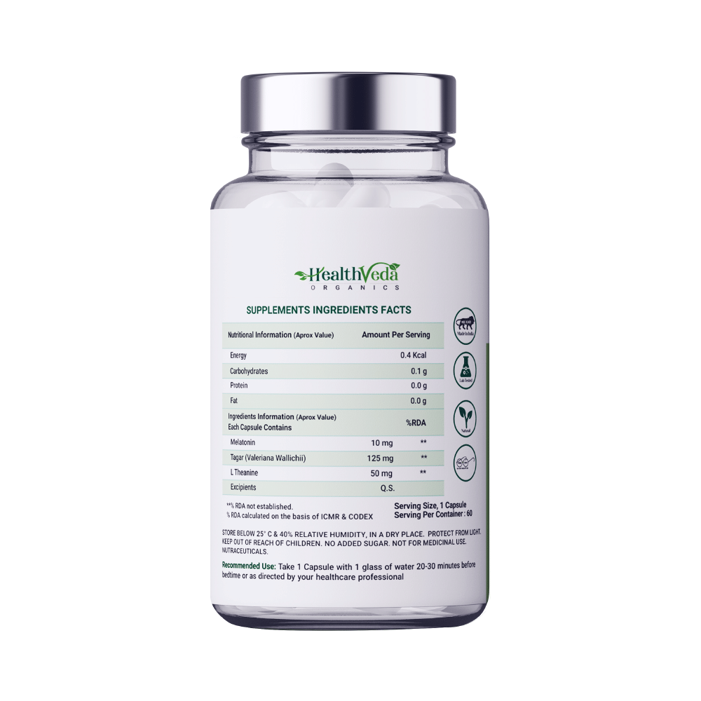 Health Veda Organics Melatonin + Tagar for Sleep & Relaxation | Vegicap - Image 2