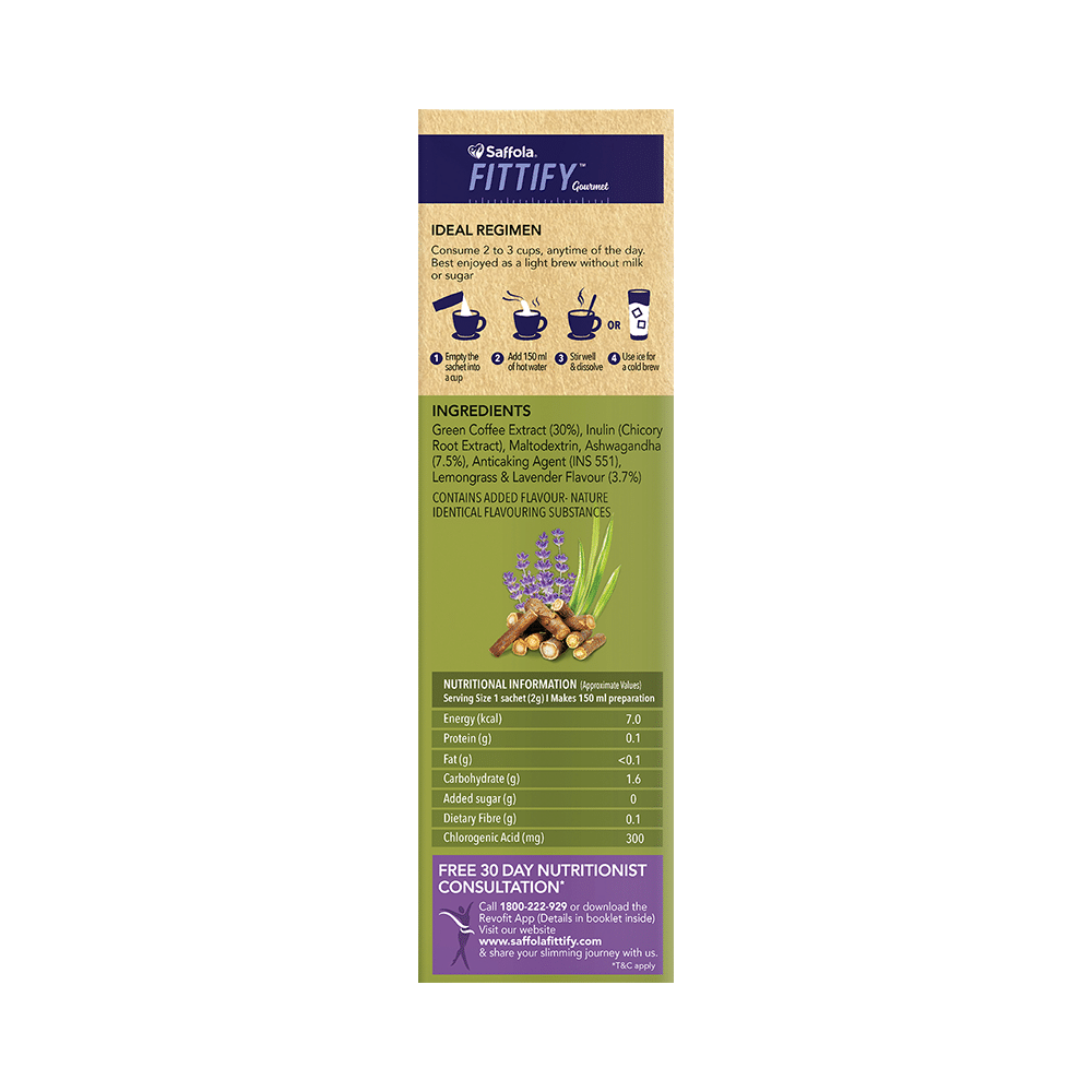 Saffola Fittify Green Coffee Decaf Instant Beverage Mix Sachet (2gm Each) Lemongrass Lavender - Image 2