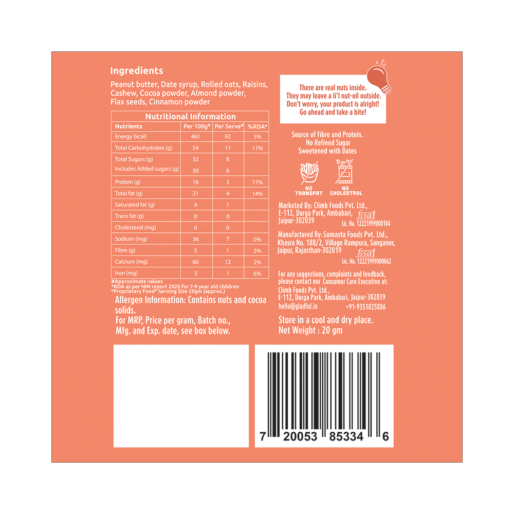 Gladful Cocoa & Peanut Date Nut Squares (20gm Each) - Image 2