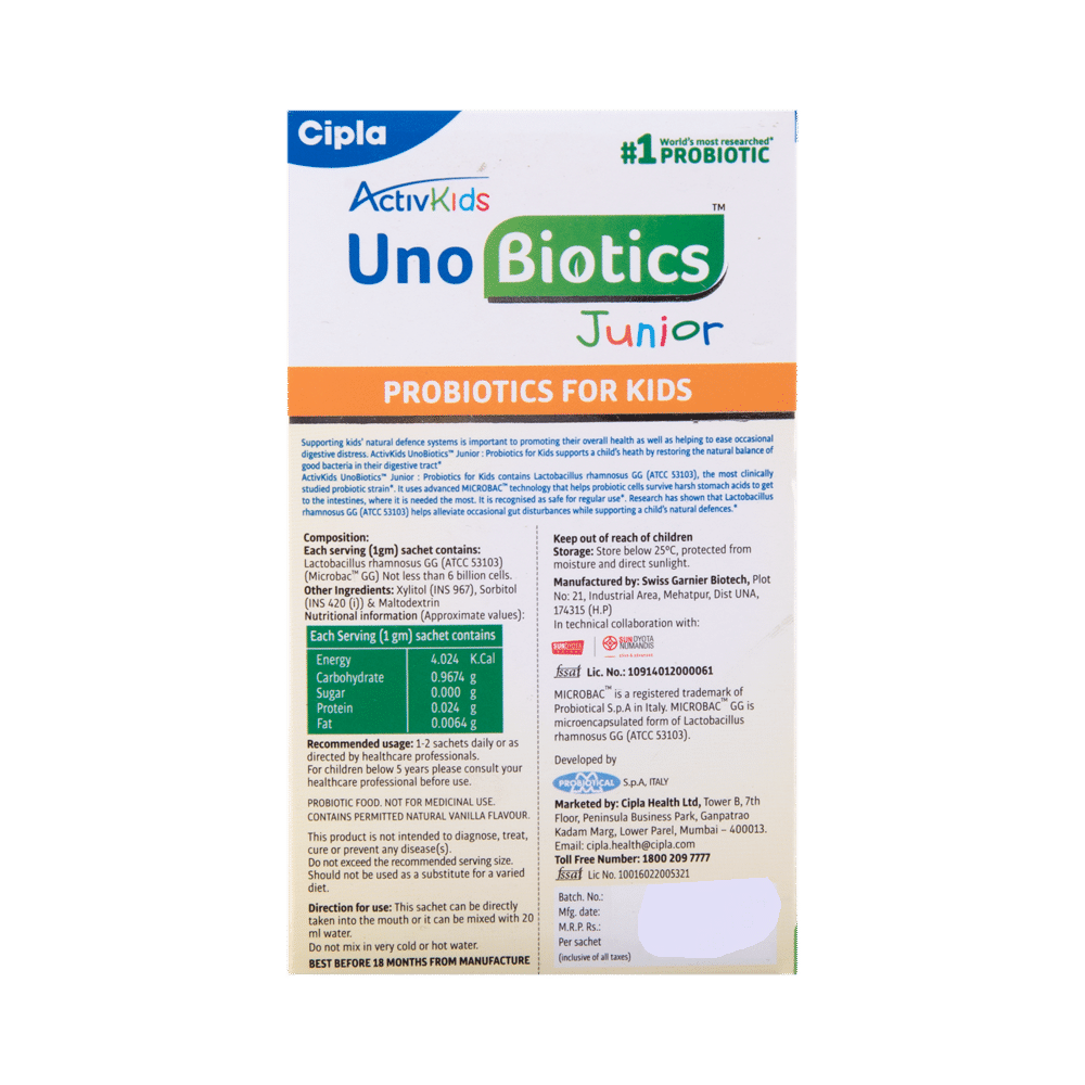 Activkids UnoBiotics Junior Probiotics Sachet for Kids' Gut Health | Sugar Free Sugar Free - Image 3