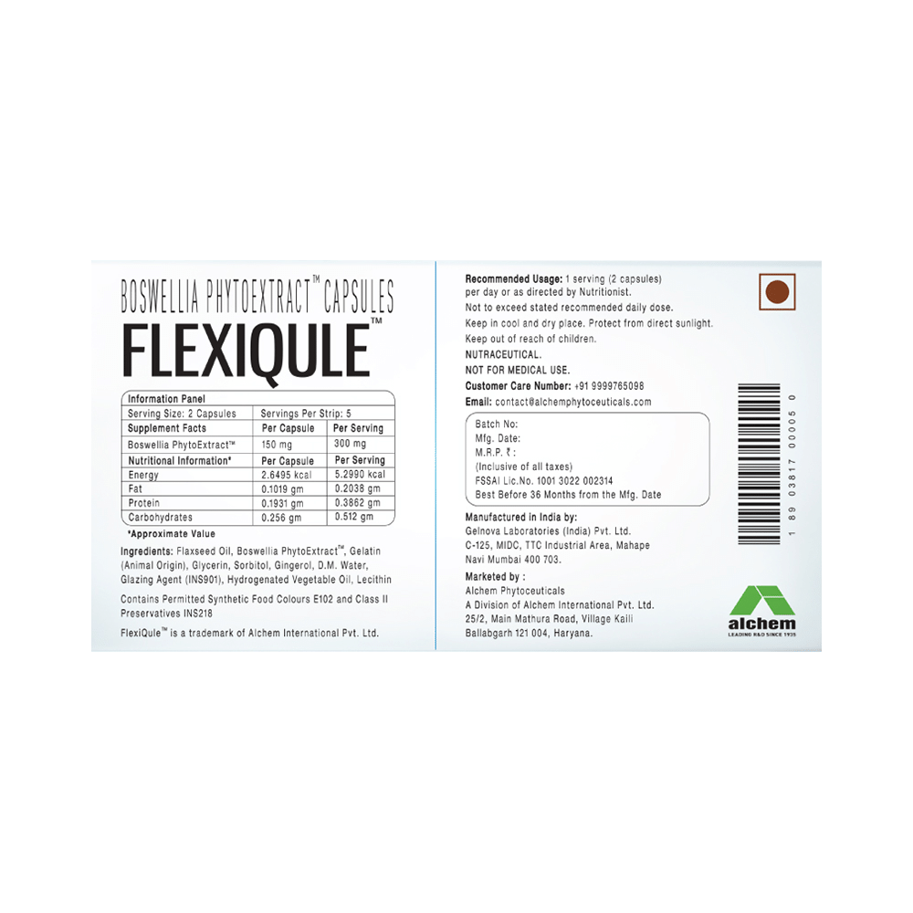Flexiqule Capsule with Bosewellia Serrata & Ginger | For Joint Stiffness & Pain Relief (10 Each) with Thioquest Gel Free - Image 2