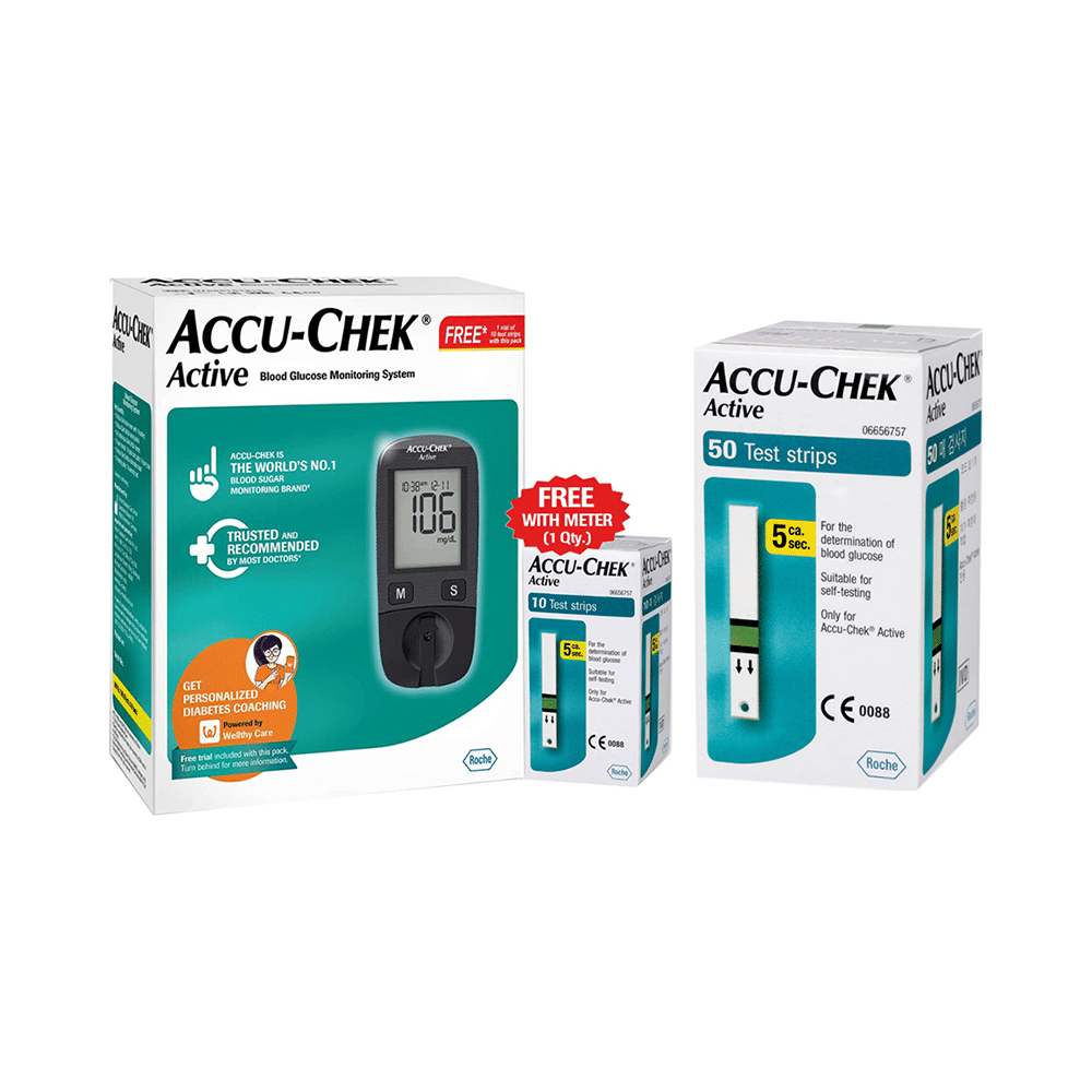 Accu-Chek Active Combo of Glucometer with 10 Test Strip Free and 50 Test Strips - Image 1