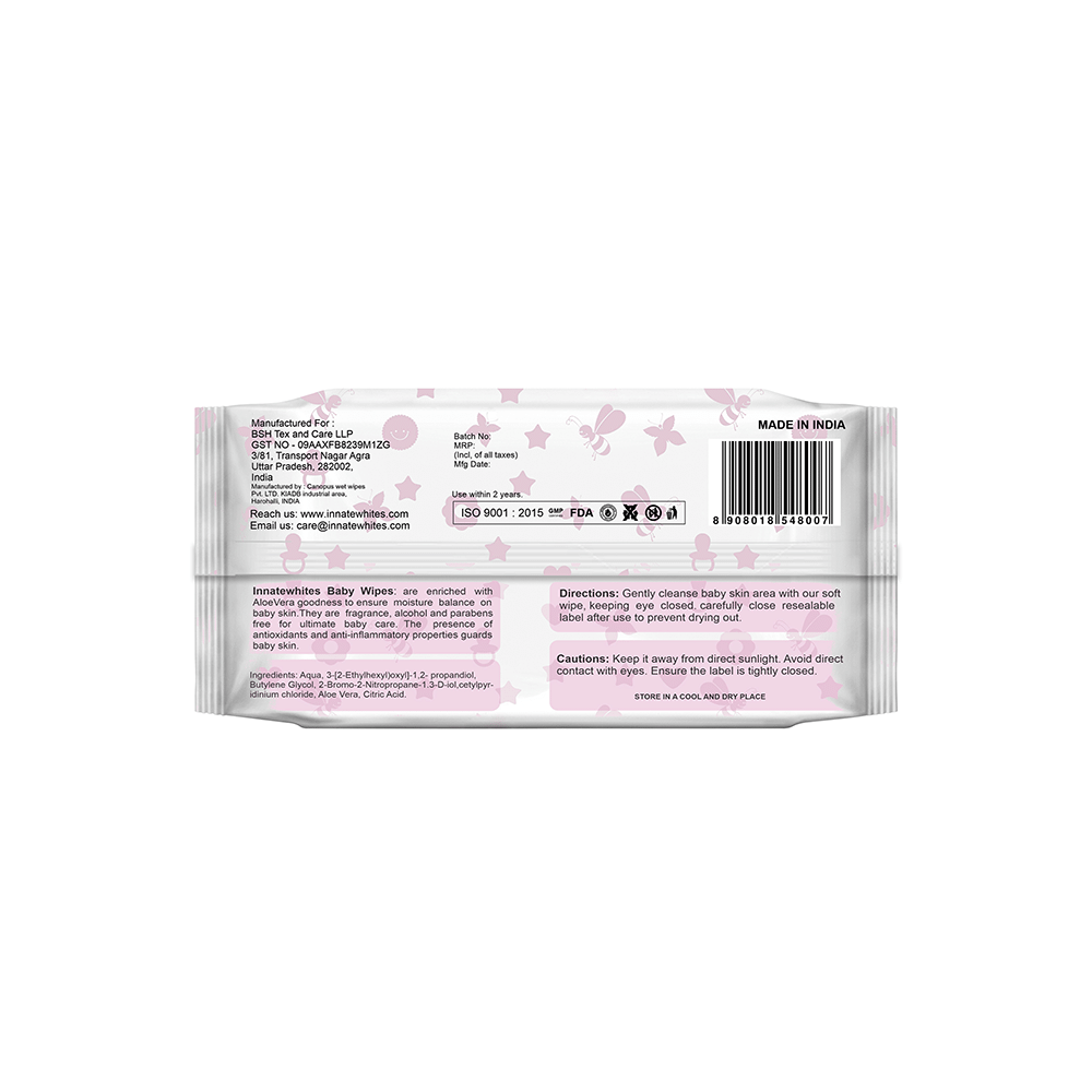 Innate Whites Alcohol Free Baby Wipes with Aloe Vera (80 Each) - Image 2