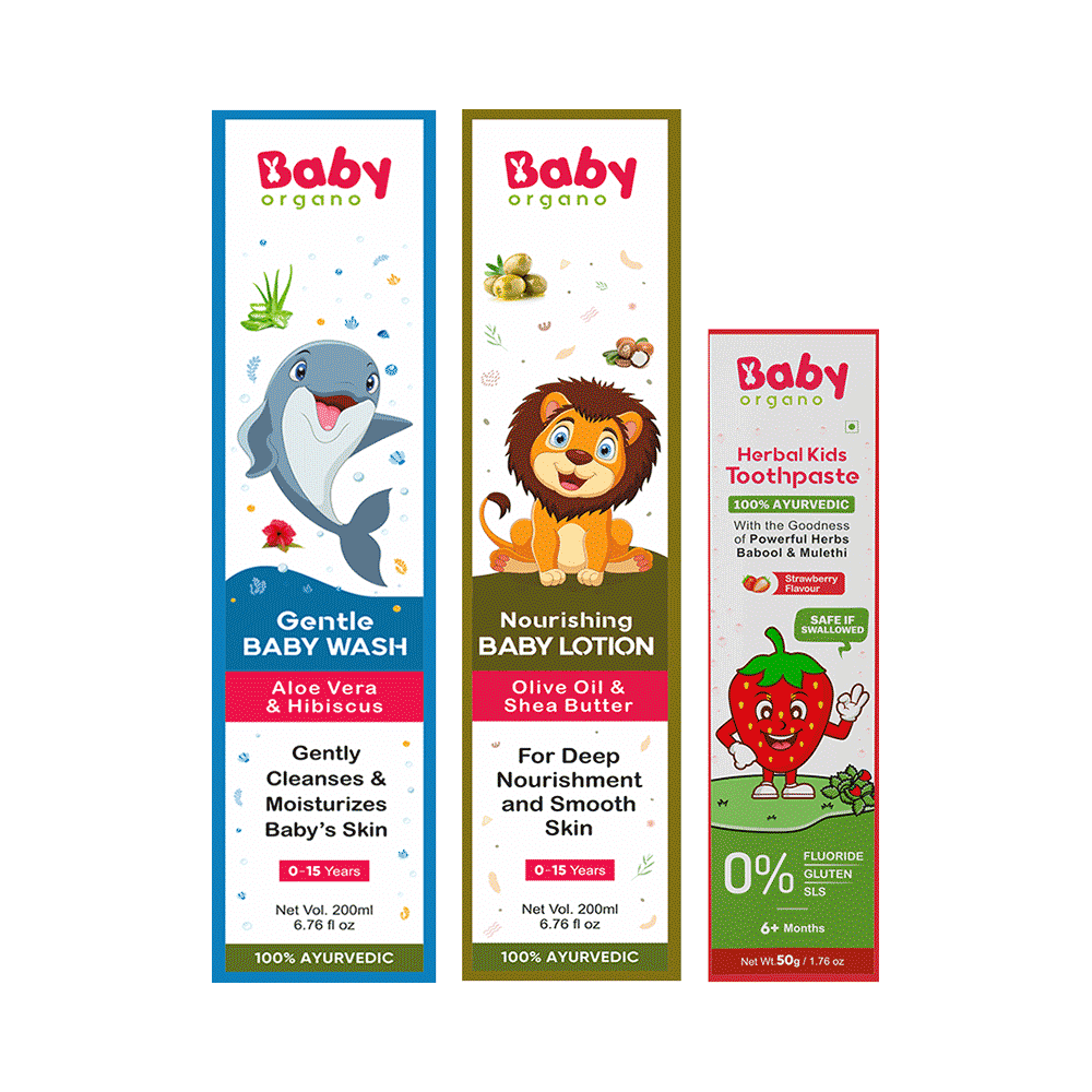 Baby Organo Combo Pack of Gentle Baby Wash 200gm, Nourishing Baby Lotion 200gm And Herbal Kids Toothpaste 50gm - Image 1