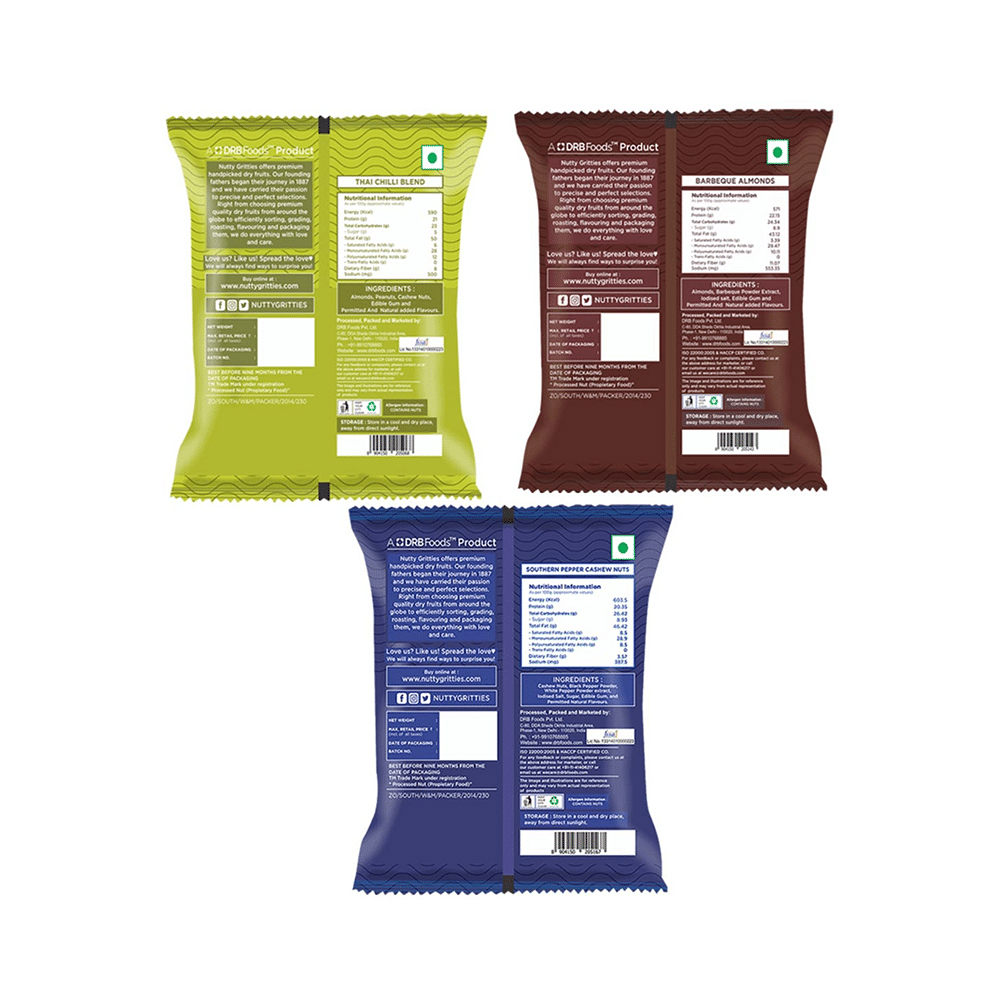 Nutty Gritties Combo Pack of Thai Chilli Blend 54gm, Barbeque Almonds 48gm & Pepper Cashew Nuts 48gm - Image 2
