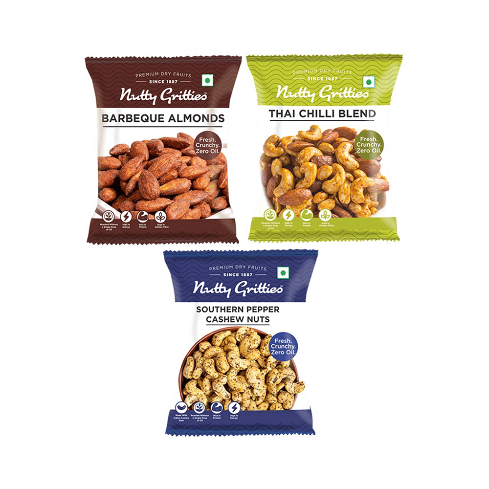 Nutty Gritties Combo Pack of Thai Chilli Blend 54gm, Barbeque Almonds 48gm & Pepper Cashew Nuts 48gm - Image 1