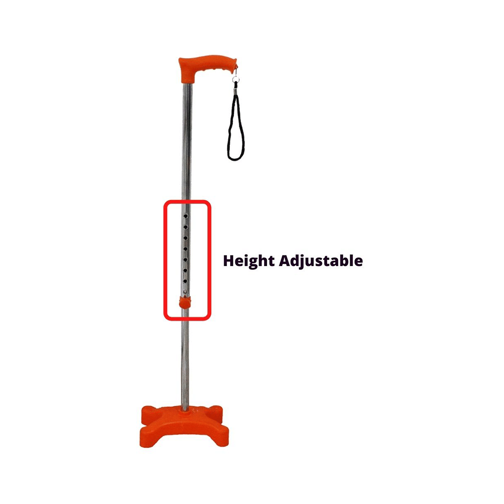 Fidelis Healthcare Mild Steel Adjustable Walking Stick 4 Leg with Plastic Base Orange - Image 2