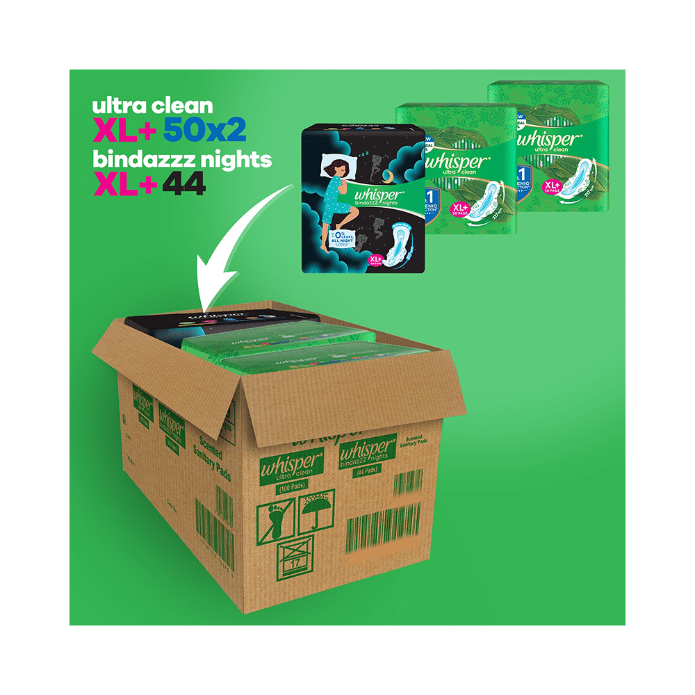 Whisper Ultra Hygiene + Comfort Sanitary Pads XL+ (50 Each) with Whisper Ultra Bindazzz Nights Sanitary Pads XL+ (44 Pads) Free - Image 2