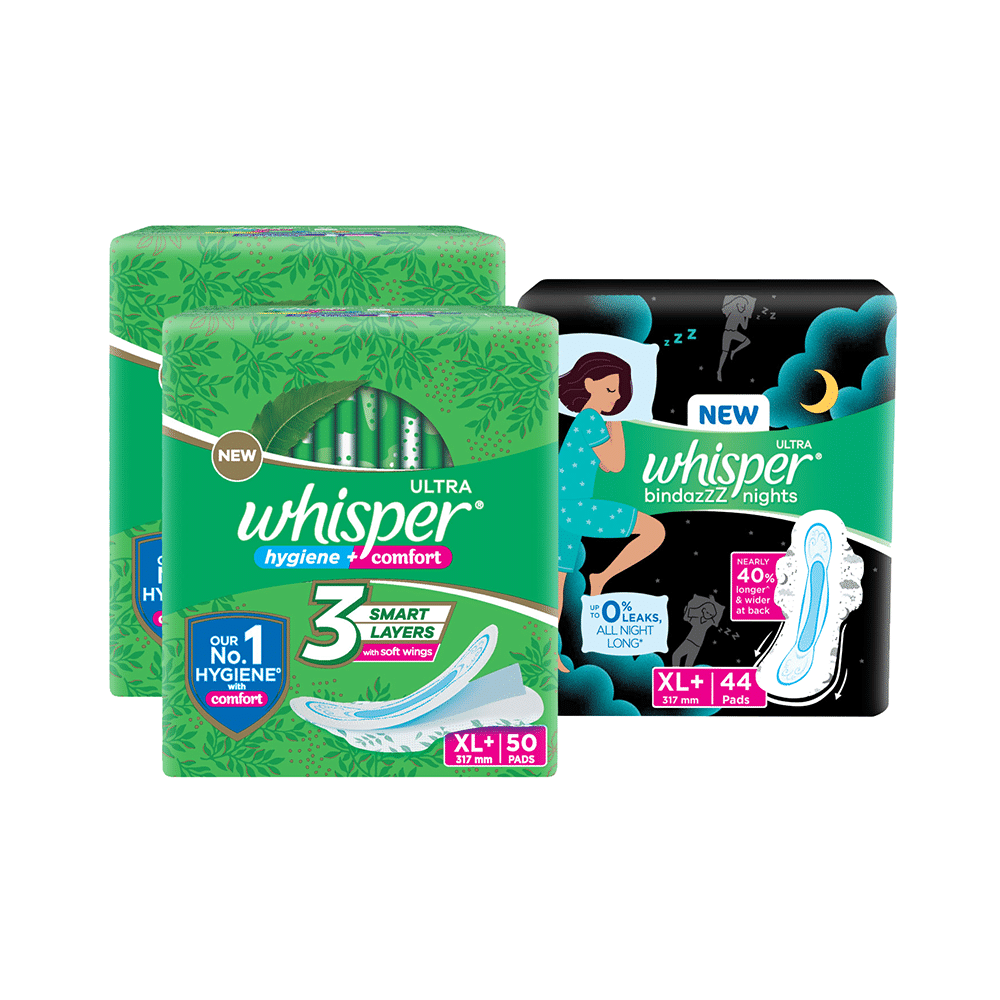 Whisper Ultra Hygiene + Comfort Sanitary Pads XL+ (50 Each) with Whisper Ultra Bindazzz Nights Sanitary Pads XL+ (44 Pads) Free - Image 1