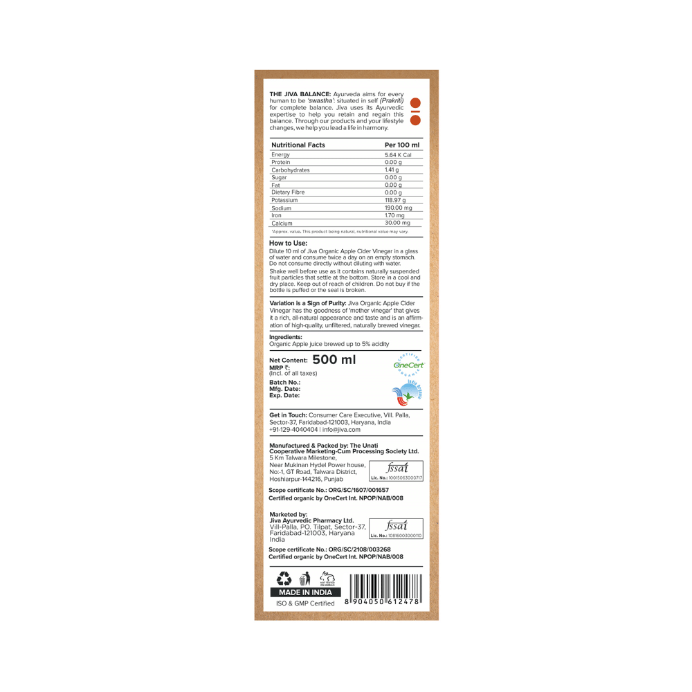 Jiva Ayurveda Organic Apple Cider Vinegar (500ml Each) - Image 3