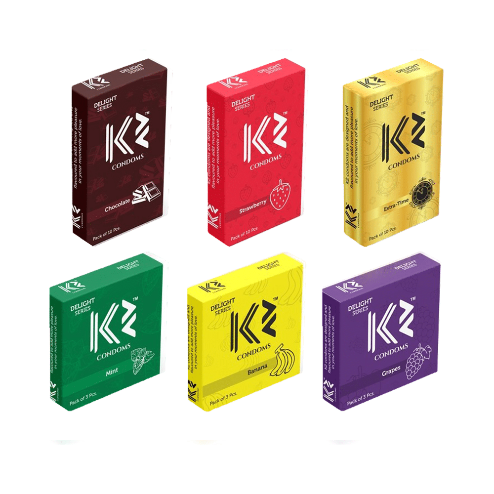 K2 Combo Pack of Dotted Condom Chocolate,Strawberry,Extra Time(10Pc Each) Mint,Banana,Grapes(3pc Each) - Image 1