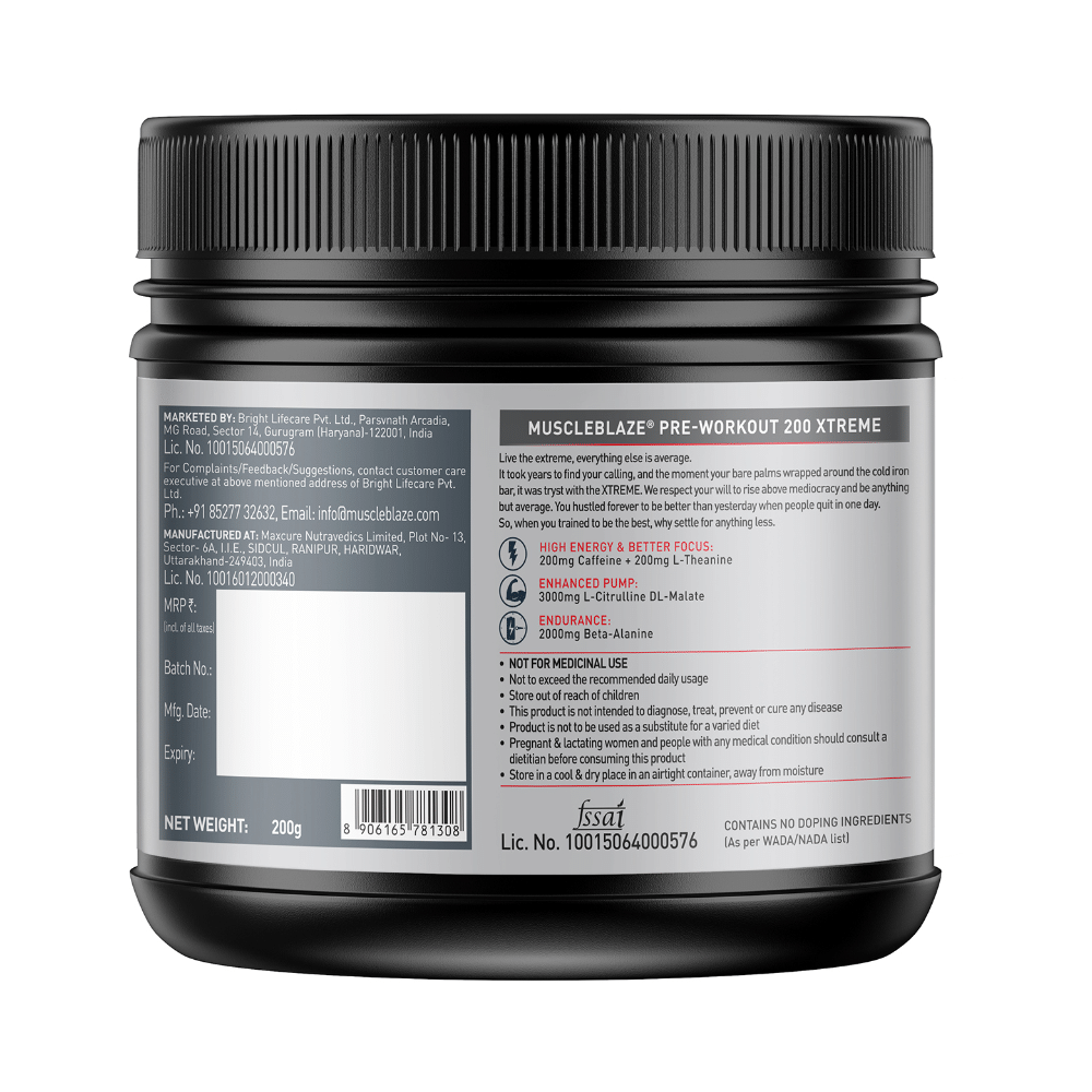 MuscleBlaze Pre-Workout 200 Xtreme | For Energy, Endurance & Muscle Pump | Powder Fruit Punch - Image 3