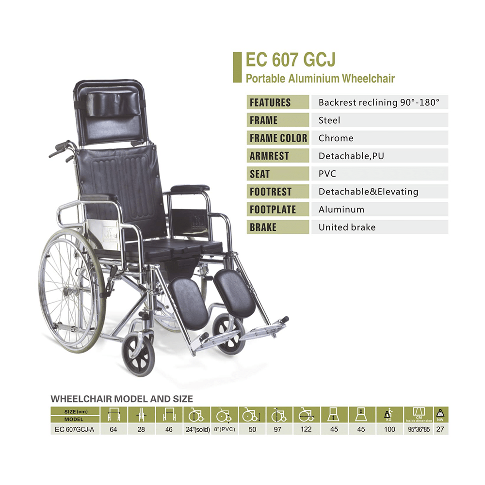 EASYCARE EC 607 GCJ Portable Aluminium Wheelchair with Backrest Reclining & Footrest (Capacity 100kgs) - Image 2
