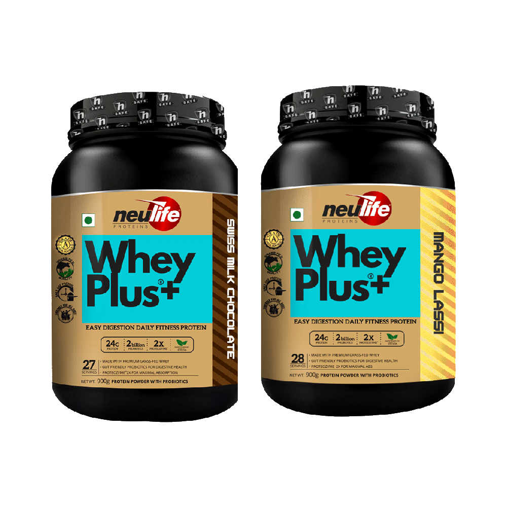 Combo Pack of Neulife Whey Plus+ Protein Powder with Probiotics Mango Lassi & Neulife Whey Plus+ Protein Powder with Probiotics Swiss Milk Chocolate (900gm Each)