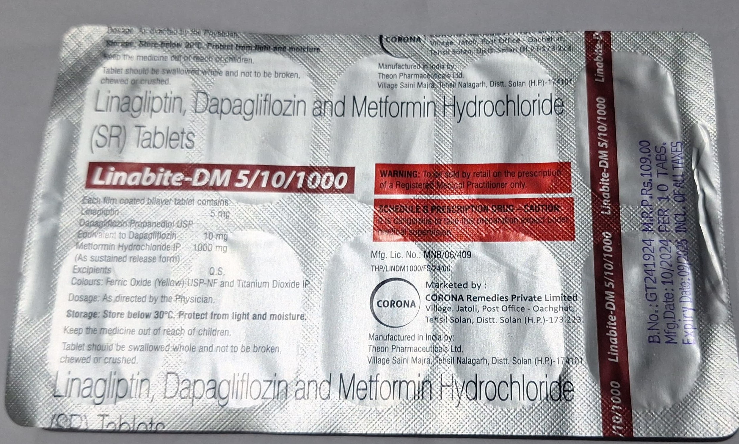 Linabite-DM 5 mg/10 mg/1000 mg Tablet 