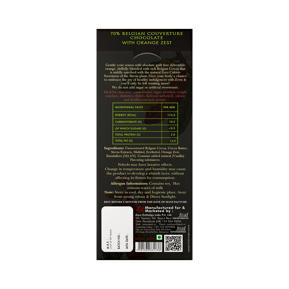 Zevic 70% Dark Chocolate | Diabetic Friendly | Flavour Zesty Orange - Image 2