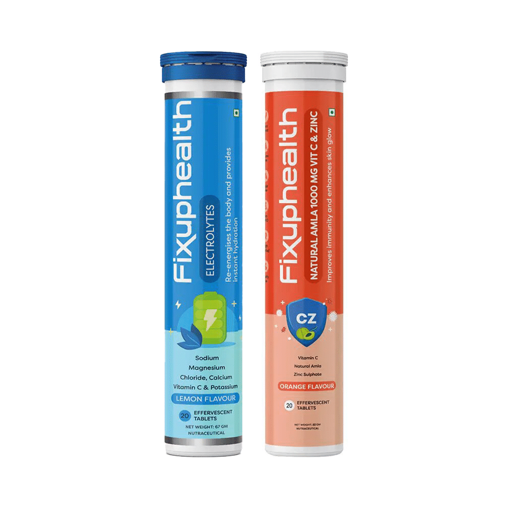 Combo Pack of Fixuphealth Natural Amla 1000mg Vit C & Zinc Effervescent Tablet Orange and Fixuphealth Electrolytes Effervescent Tablet Lemon (20 Each)