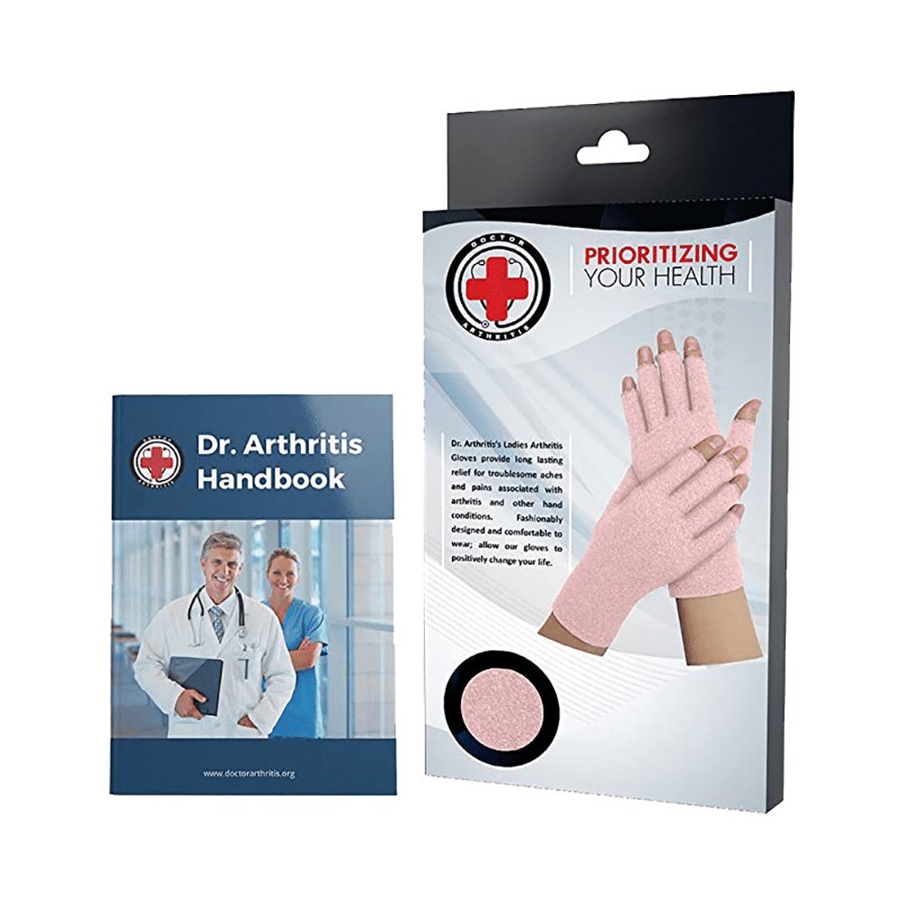 Dr. Arthritis 3/4 Compression Gloves for Ladies &  Doctor Written Handbook Medium Pink - Image 1