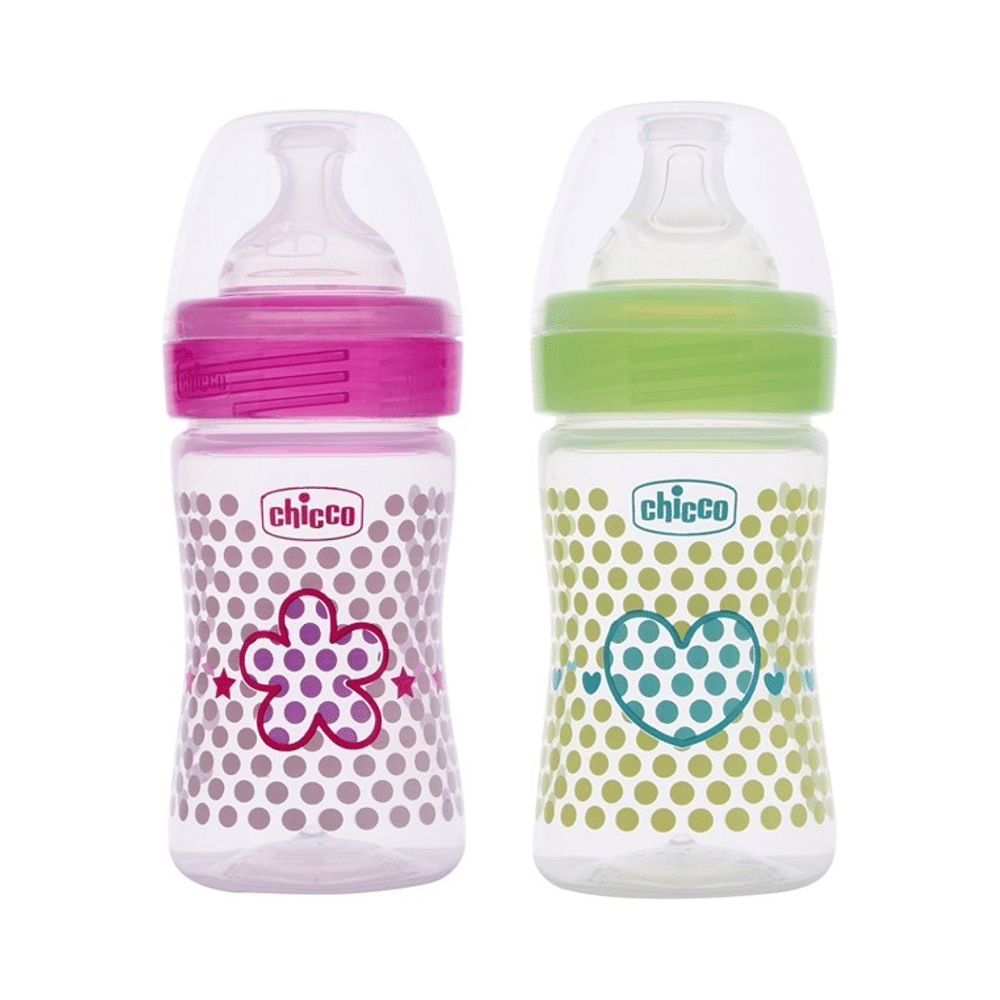 Chicco Bipack WellBeing Feeding Bottle Pink and Green Pack of 2