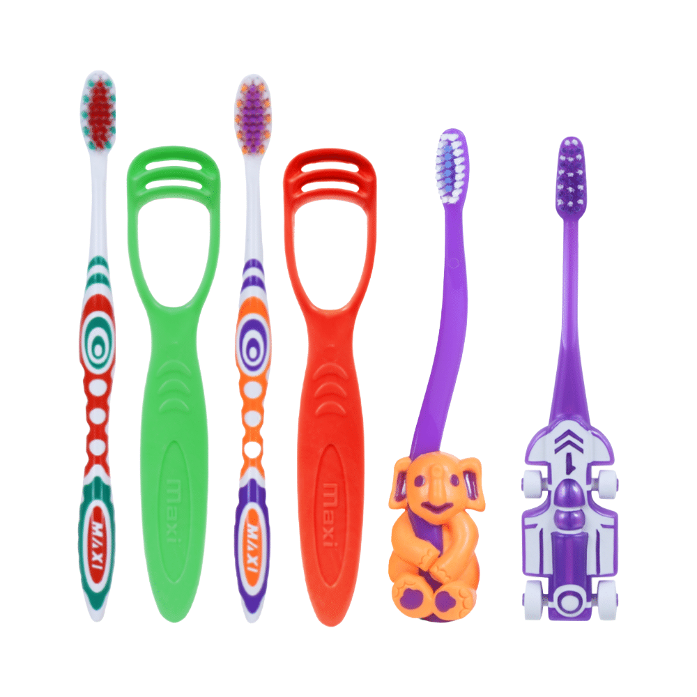 Maxi Oral Care Family Pack of 1 Zoom Car Junior Toothbrush, 1 Bingo Junior Toothbrush, 2 Adult Style Toothbrush and 2 Tongue Cleaner