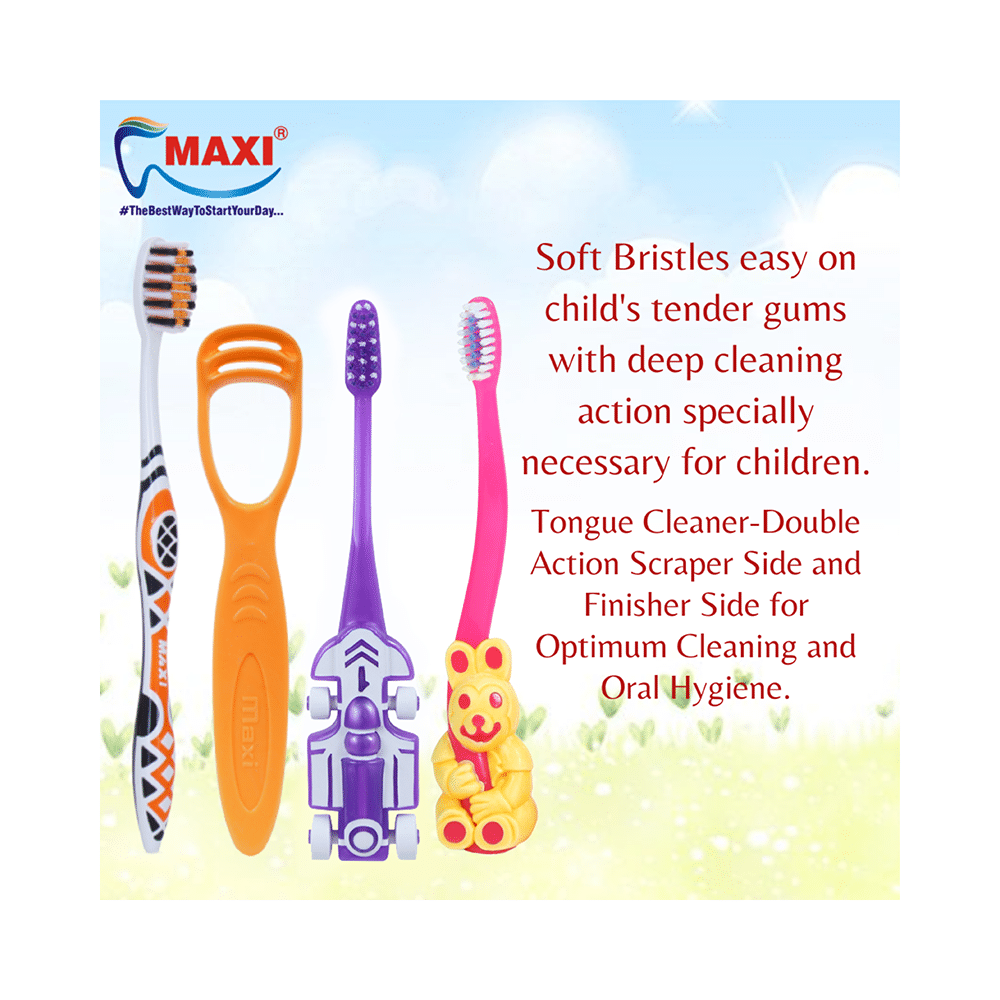 Maxi Oral Care Family Pack of 1 Zoom Car Junior Toothbrush, 1 Bingo Junior Toothbrush, 2 Adult Style Toothbrush and 2 Tongue Cleaner - Image 2