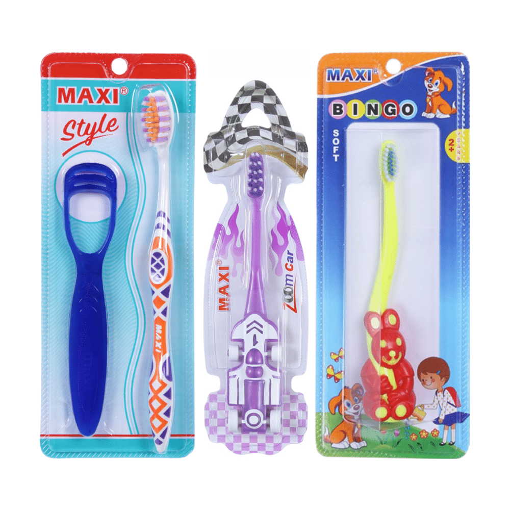 Maxi Oral Care Family Pack of 1 Zoom Car Junior Toothbrush, 1 Bingo Junior Toothbrush, 2 Adult Style Toothbrush and 2 Tongue Cleaner - Image 3
