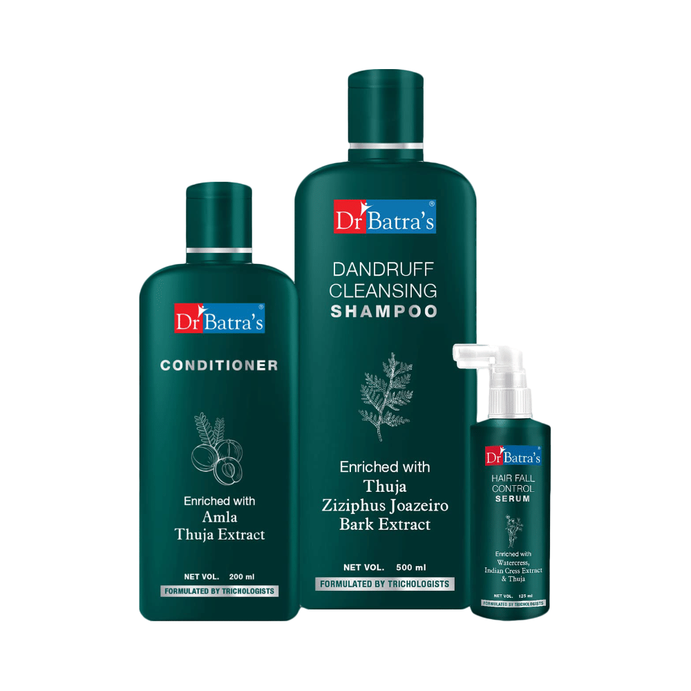 Dr Batra's Combo Pack of Hair Fall Control Serum 125ml, Conditioner 200ml and Dandruff Cleansing Shampoo 500ml - Image 1