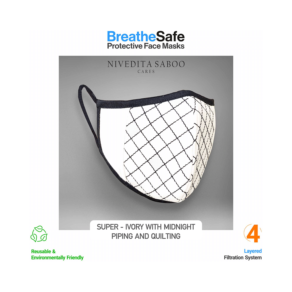 Nivedita Saboo Cares Large Super-Ivory with Midnight Piping and Quilting BreathSafe Protective Reusable Face Mask - Image 3
