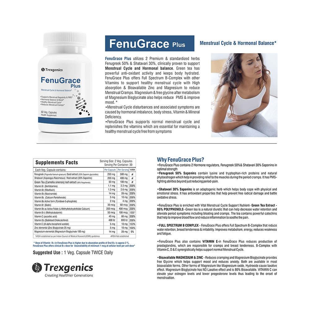 Trexgenics FenuGrace Plus Menstrual Cycle Support Veg Capsules - Image 3