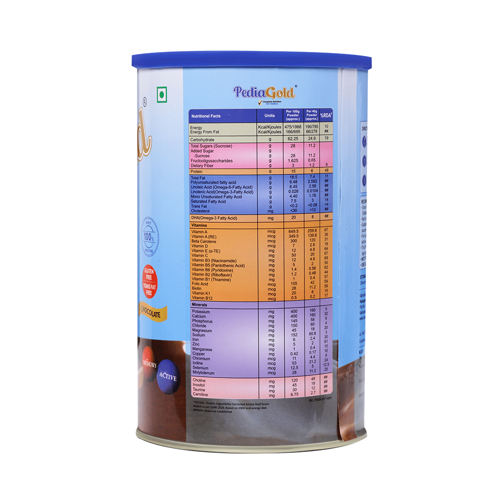 PediaGold with Protein, Iron, Calcium & DHA | For Kids' Growth & Immunity | Flavour Chocolate Powder - Image 2