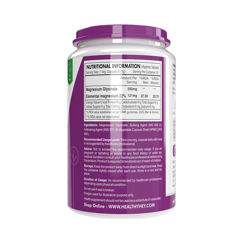 HealthyHey Nutrition Magnesium Glycinate 550mg | Veg Capsule for Muscles, Nerves & Sleep Support - Image 2