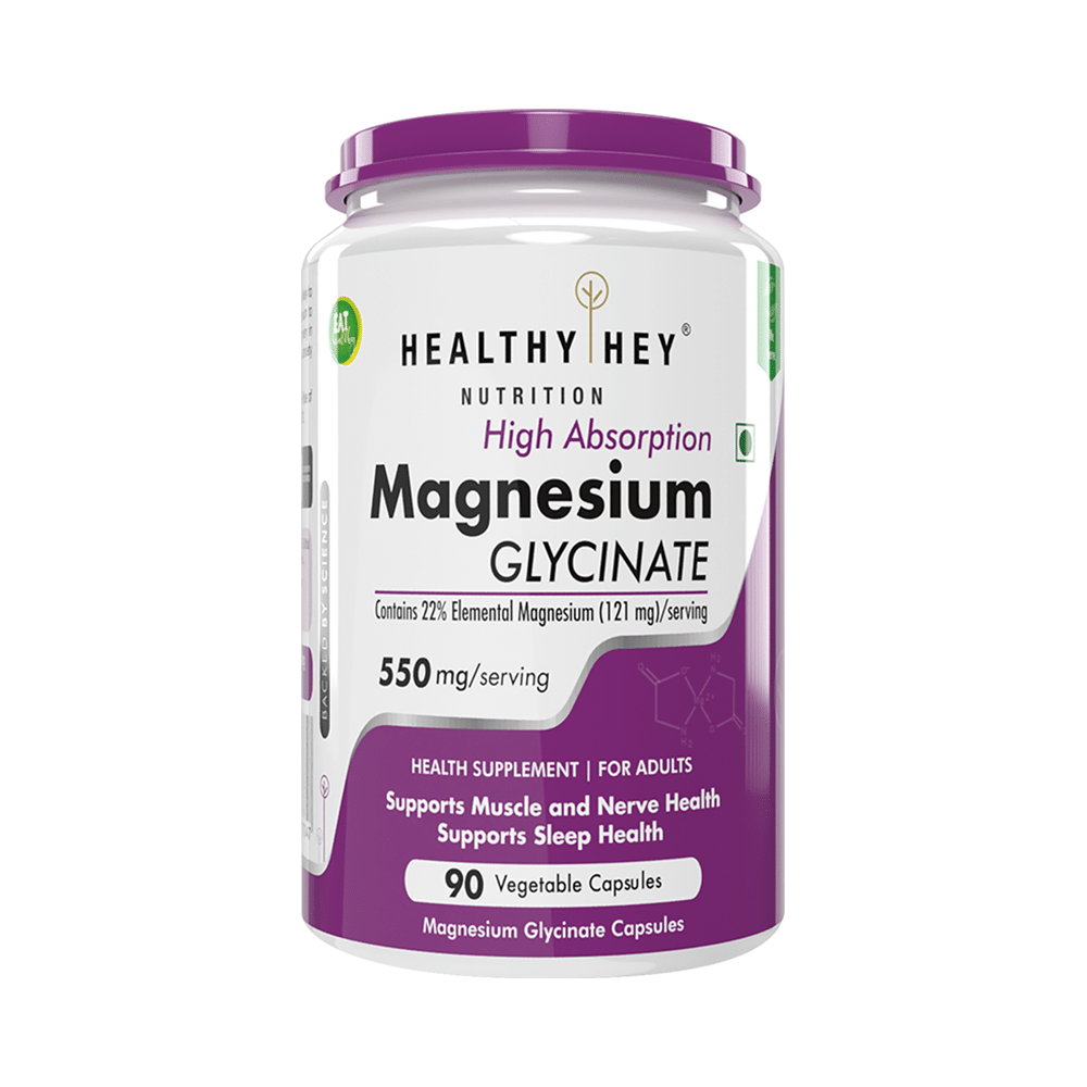 HealthyHey Nutrition Magnesium Glycinate 550mg | Veg Capsule for Muscles, Nerves & Sleep Support